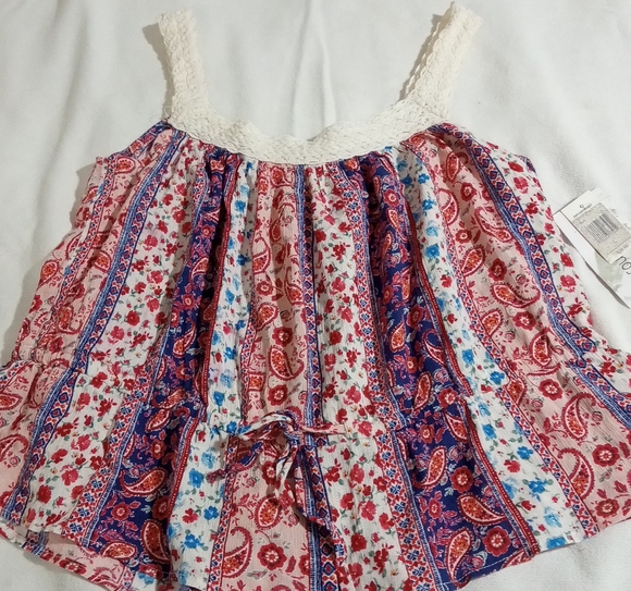 🌸PAISLEY PRINT PEPLUM CROCHET TRIM SWING TANK TOP SIZE L COTRAGECORE - Picture 3 of 15